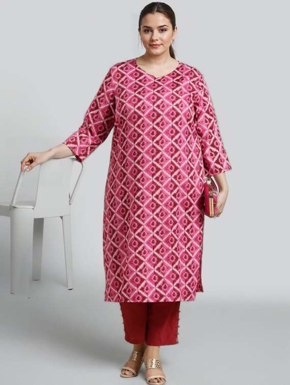 women plus size printed three quarter sleeve straight kurta