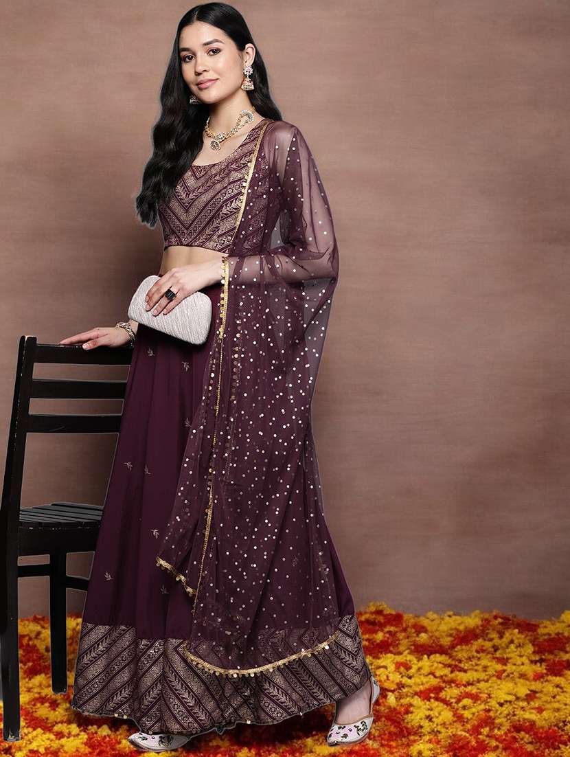 women foil print flared stitched lehenga