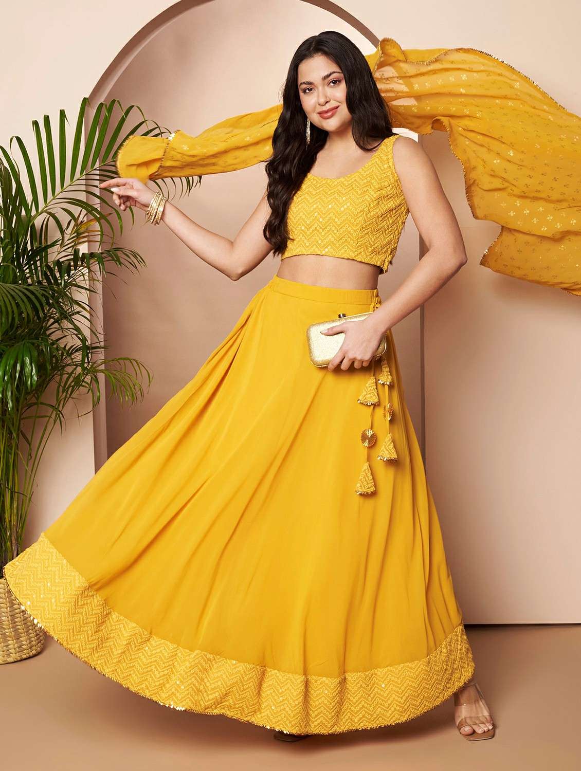 women solid with work flared stitched lehenga