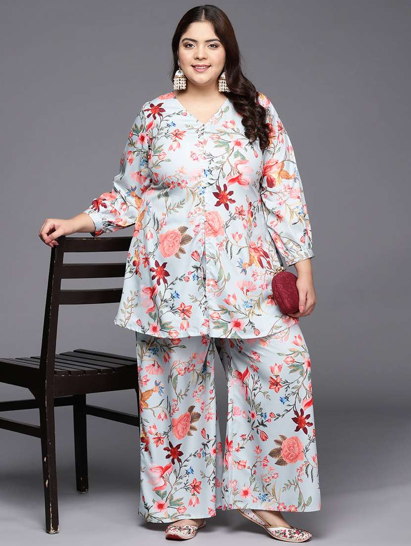 women plus size floral long sleeve ethnic co-ord set