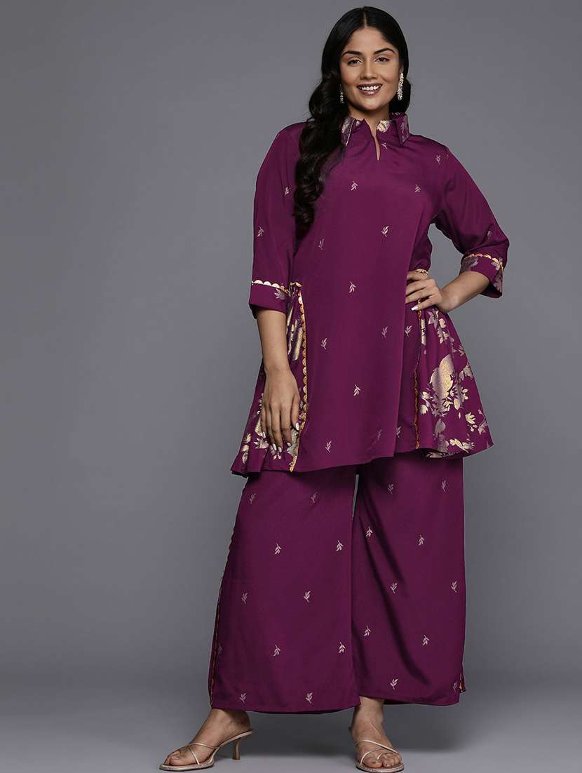 women plus size printed three quarter sleeve ethnic co-ord set