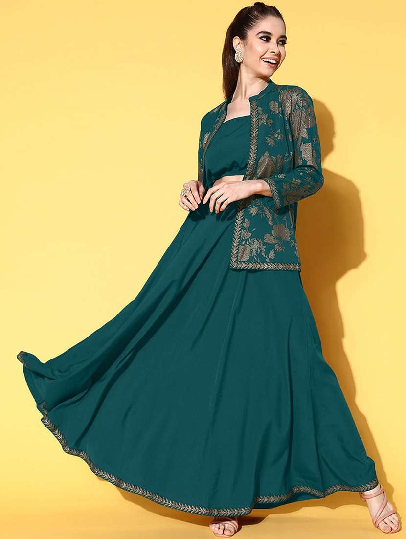 women printed three quarter sleeve skirt top set