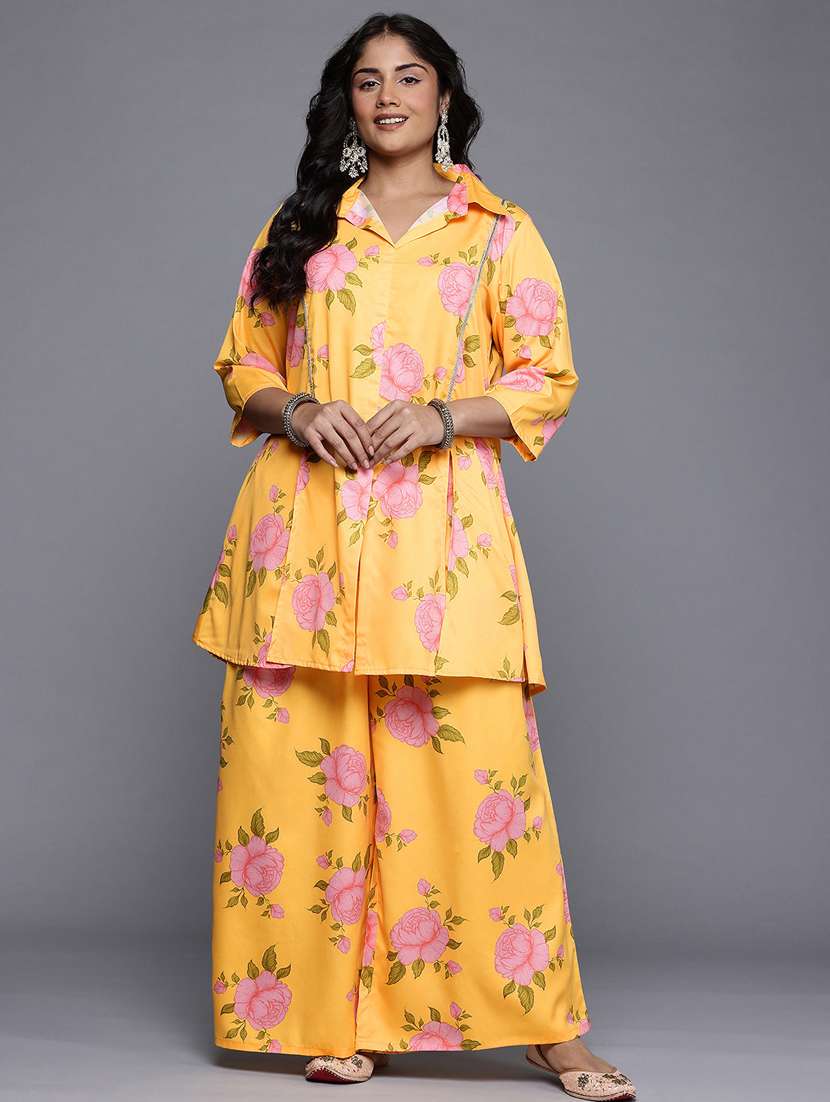 women plus size printed three quarter sleeve ethnic co-ord set
