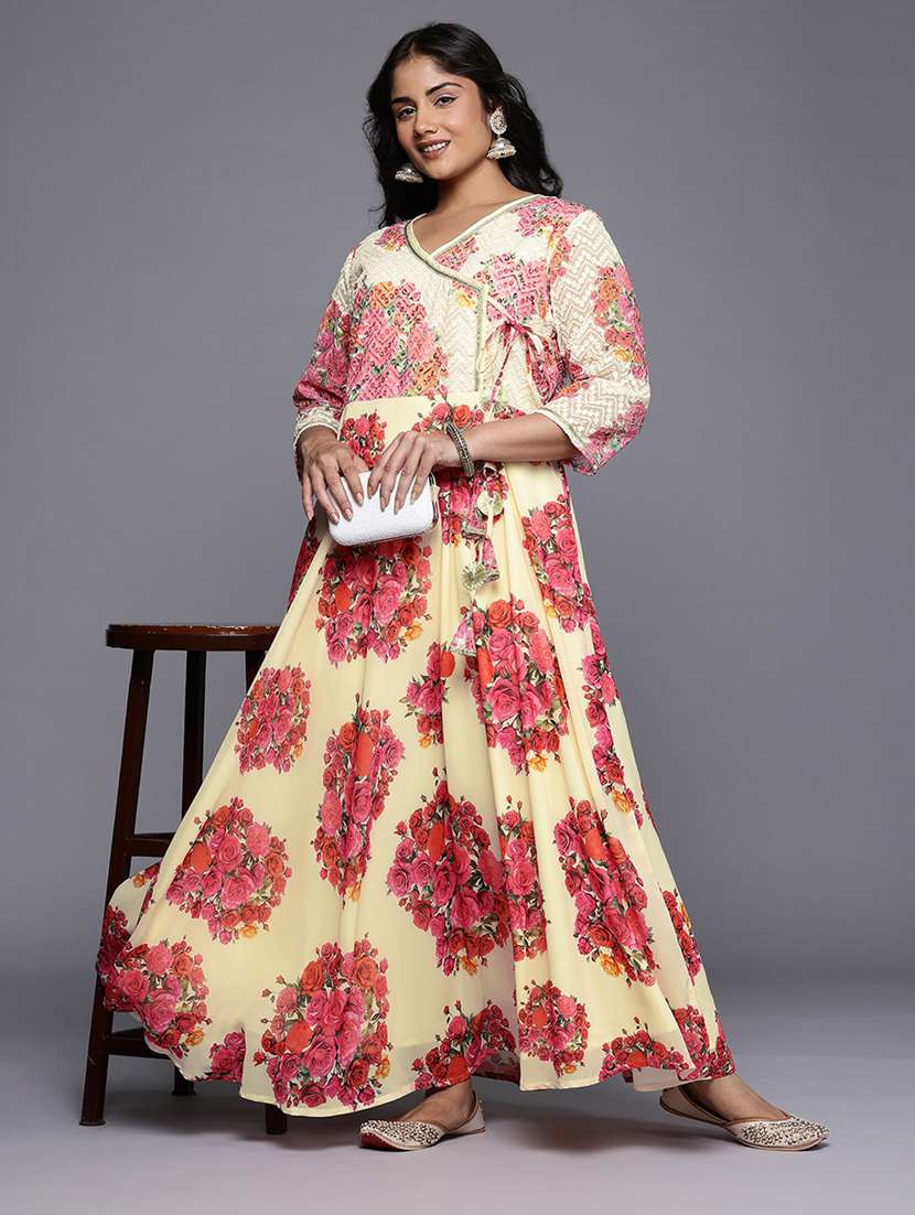women plus size floral three quarter sleeve ethnic dress