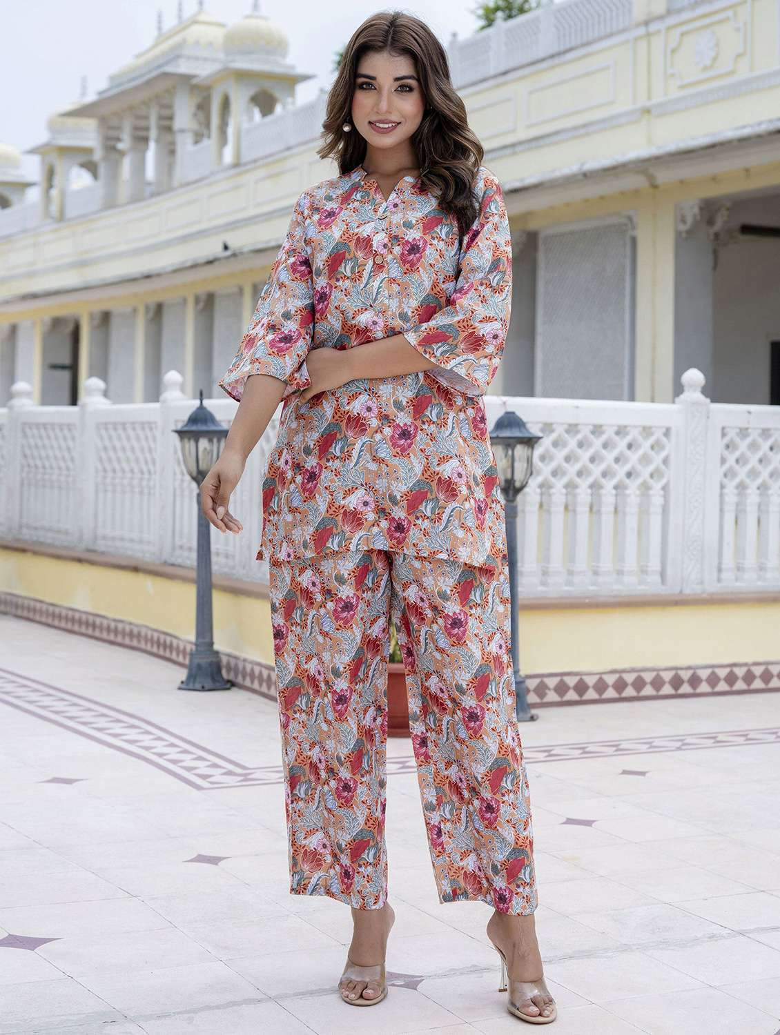 women printed three quarter sleeve ethnic co-ord set