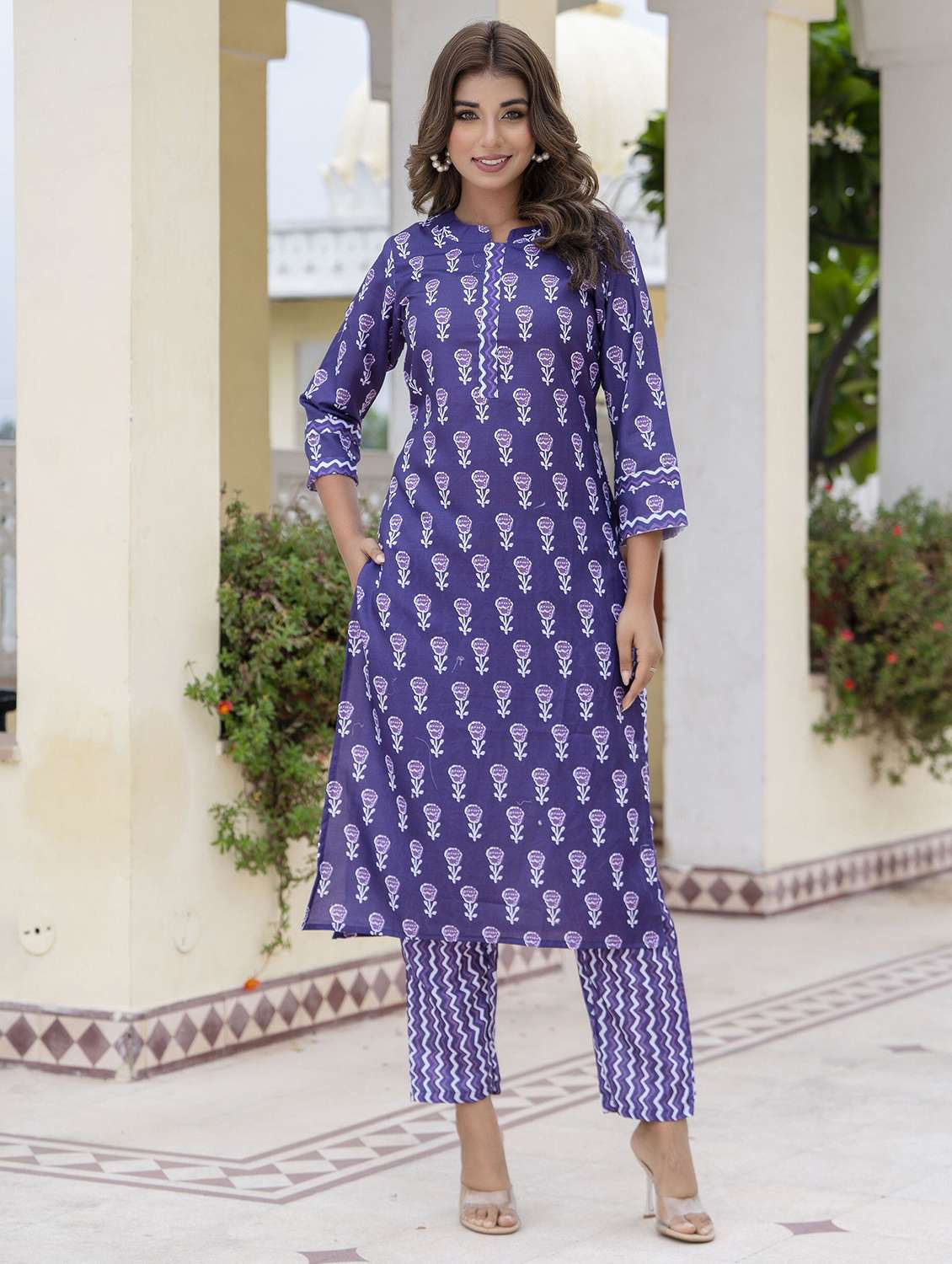 women printed three quarter sleeve kurta pant set