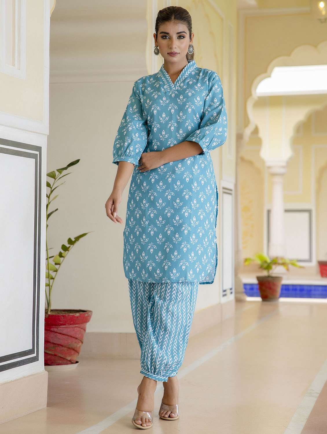 women printed three quarter sleeve kurta salwar set - 22393025 -  Standard Image - 3