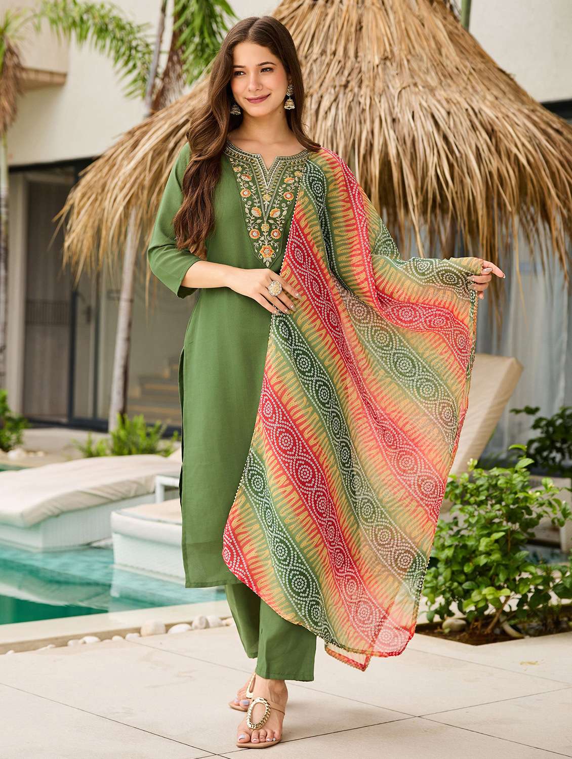 women solid with work three quarter sleeve kurta pant with dupatta set