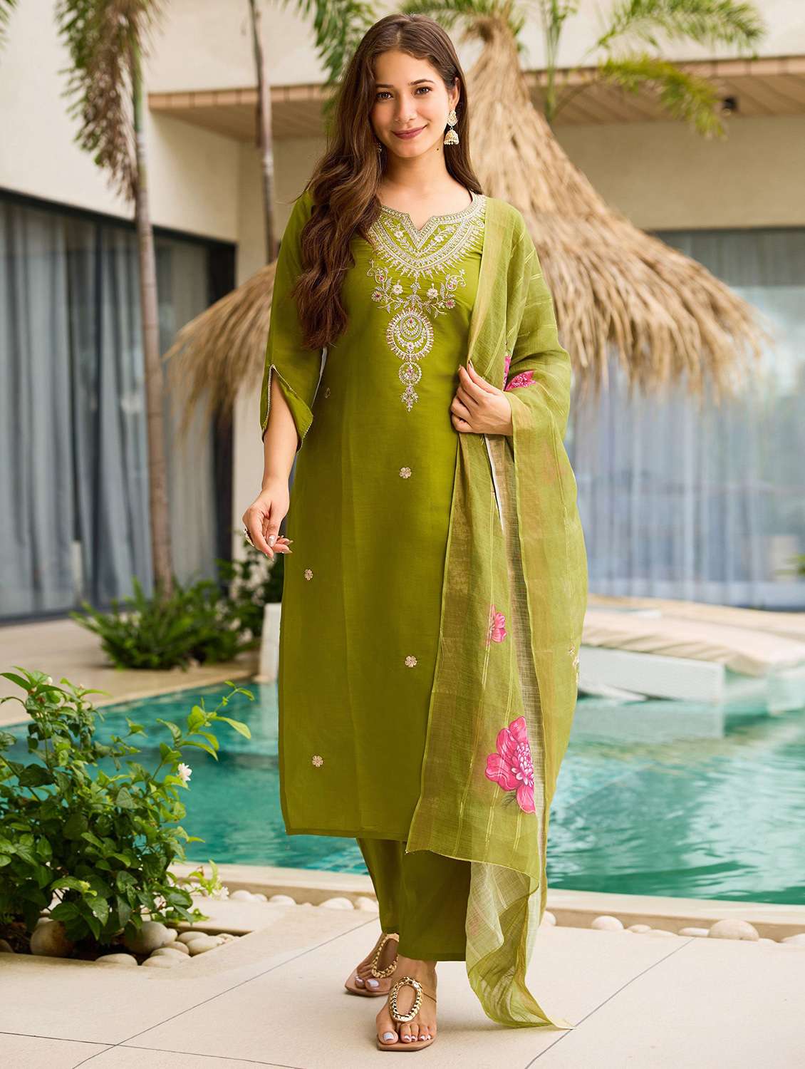 women solid with work three quarter sleeve kurta pant with dupatta set