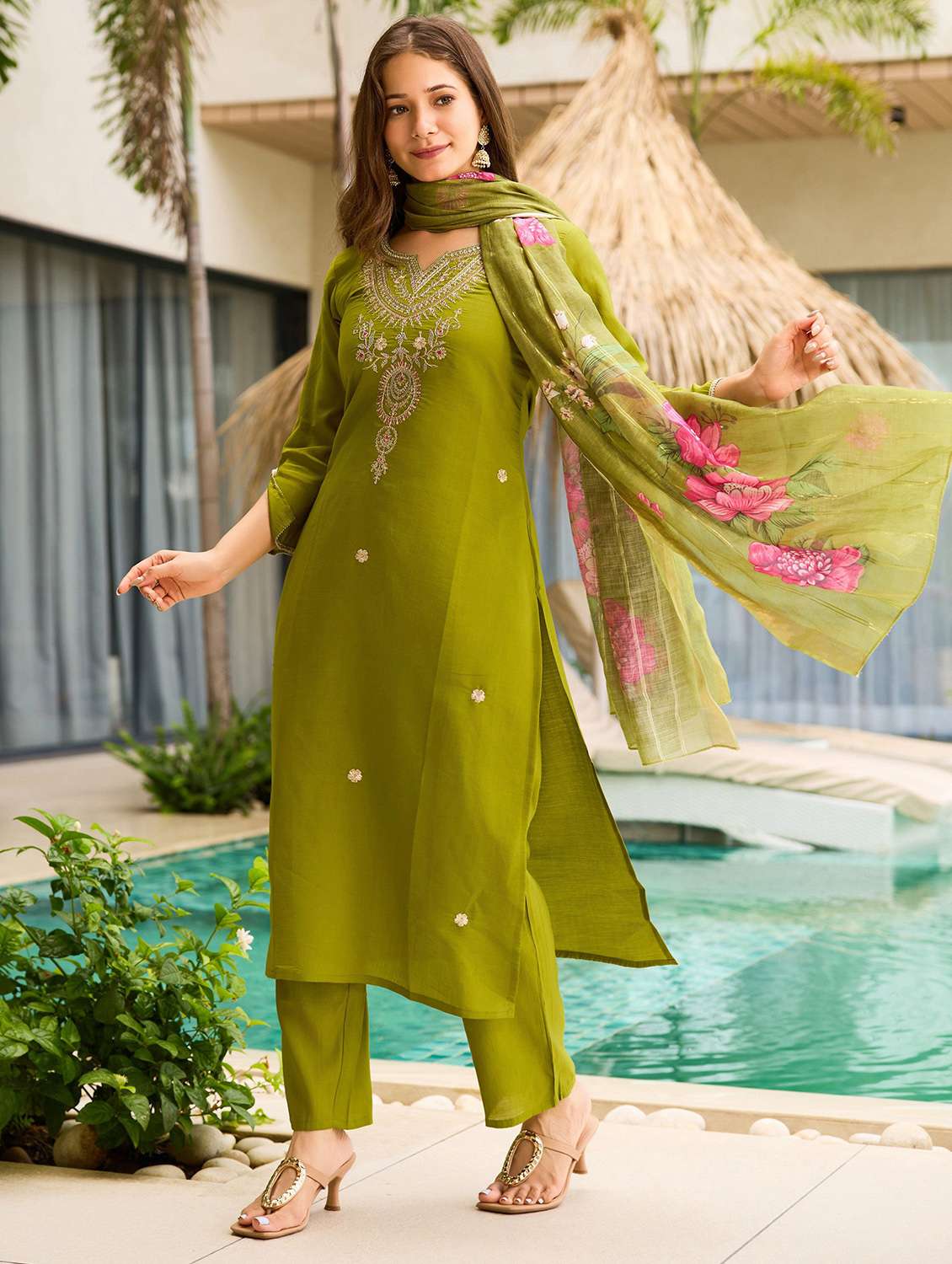 women solid with work three quarter sleeve kurta pant with dupatta set - 22393033 -  Standard Image - 3