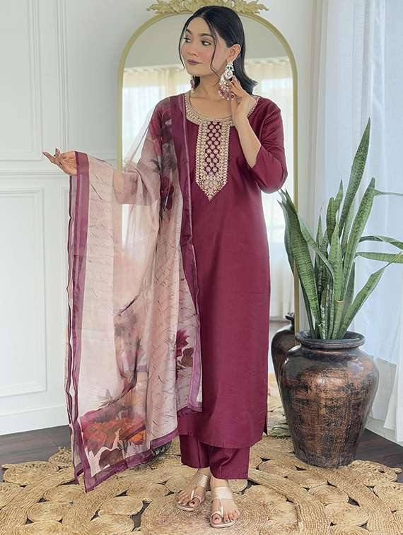 women solid with work three quarter sleeve kurta pant with dupatta set - 22393055 -  Standard Image - 3