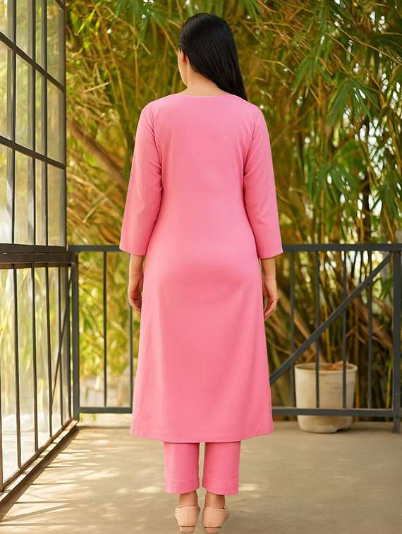 women solid with work three quarter sleeve kurta pant with dupatta set - 22393057 -  Standard Image - 3