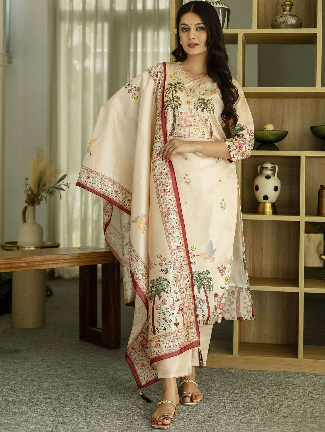 women printed three quarter sleeve kurta pant with dupatta set