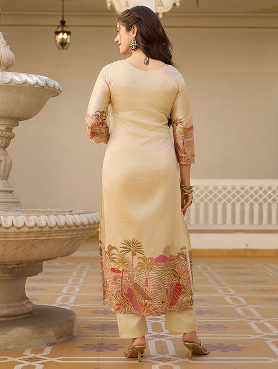 women solid with work three quarter sleeve kurta pant with dupatta set - 22393080 -  Standard Image - 3