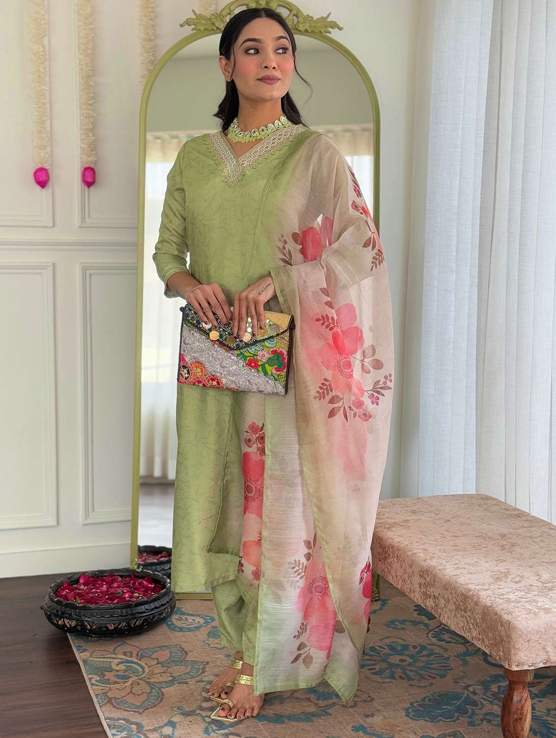 women printed three quarter sleeve kurta pant with dupatta set - 22393085 -  Standard Image - 3