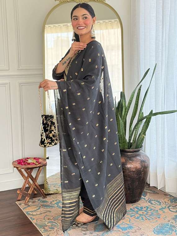 women solid with work three quarter sleeve kurta pant with dupatta set - 22393092 -  Standard Image - 3