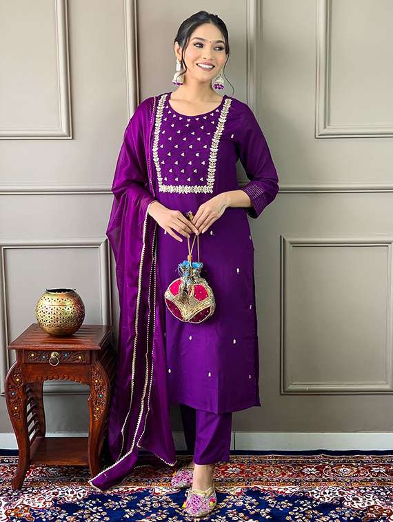 women solid with work three quarter sleeve kurta pant with dupatta set