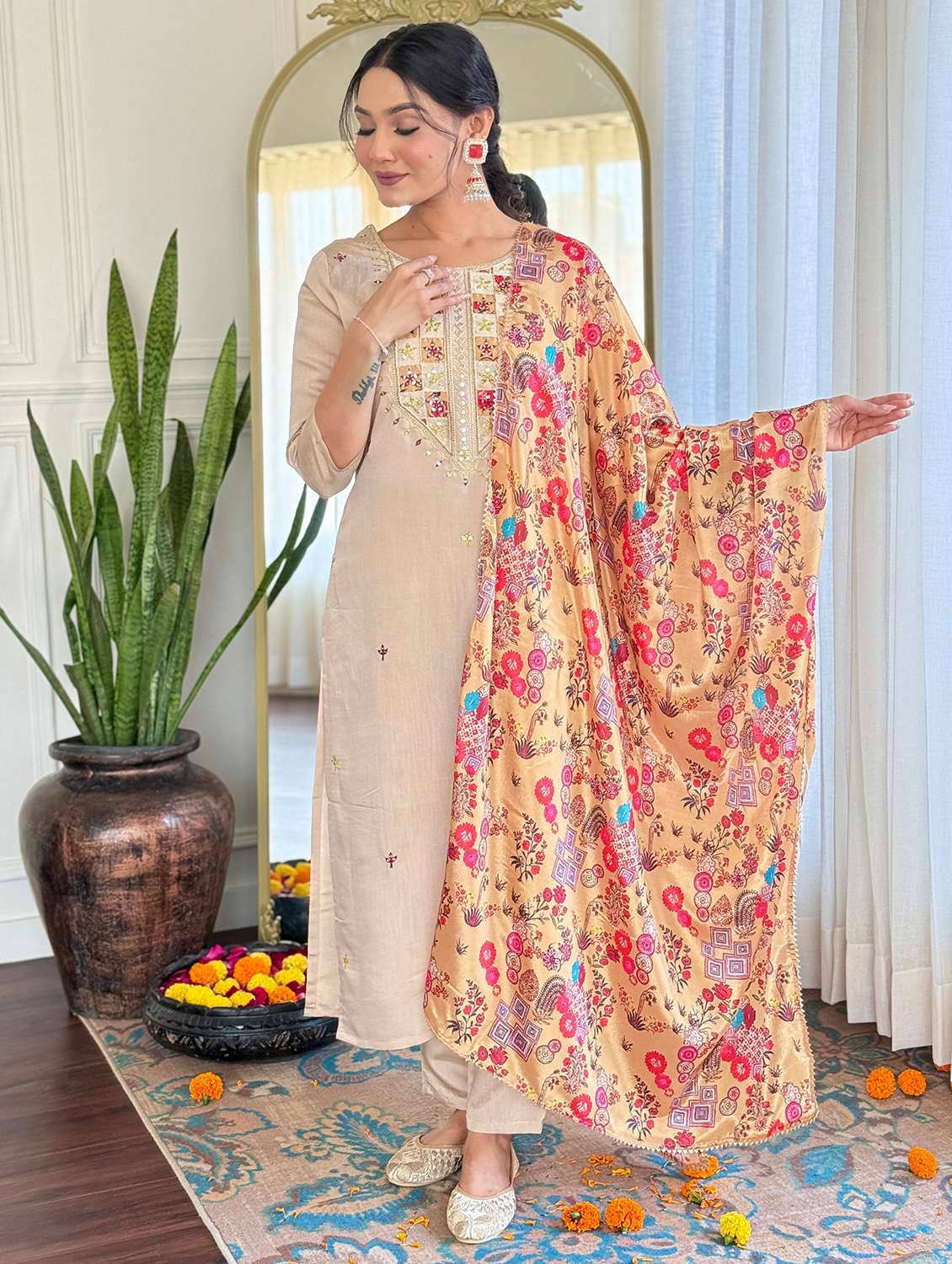 women solid with work three quarter sleeve kurta pant with dupatta set