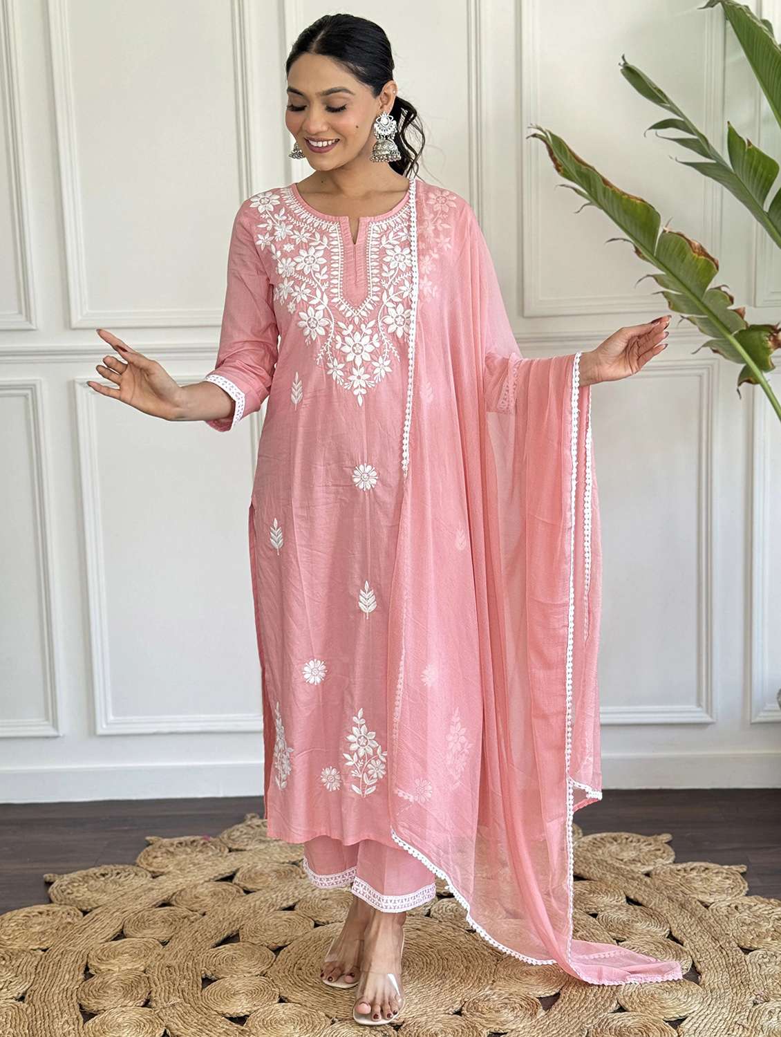 women solid with work three quarter sleeve kurta pant with dupatta set