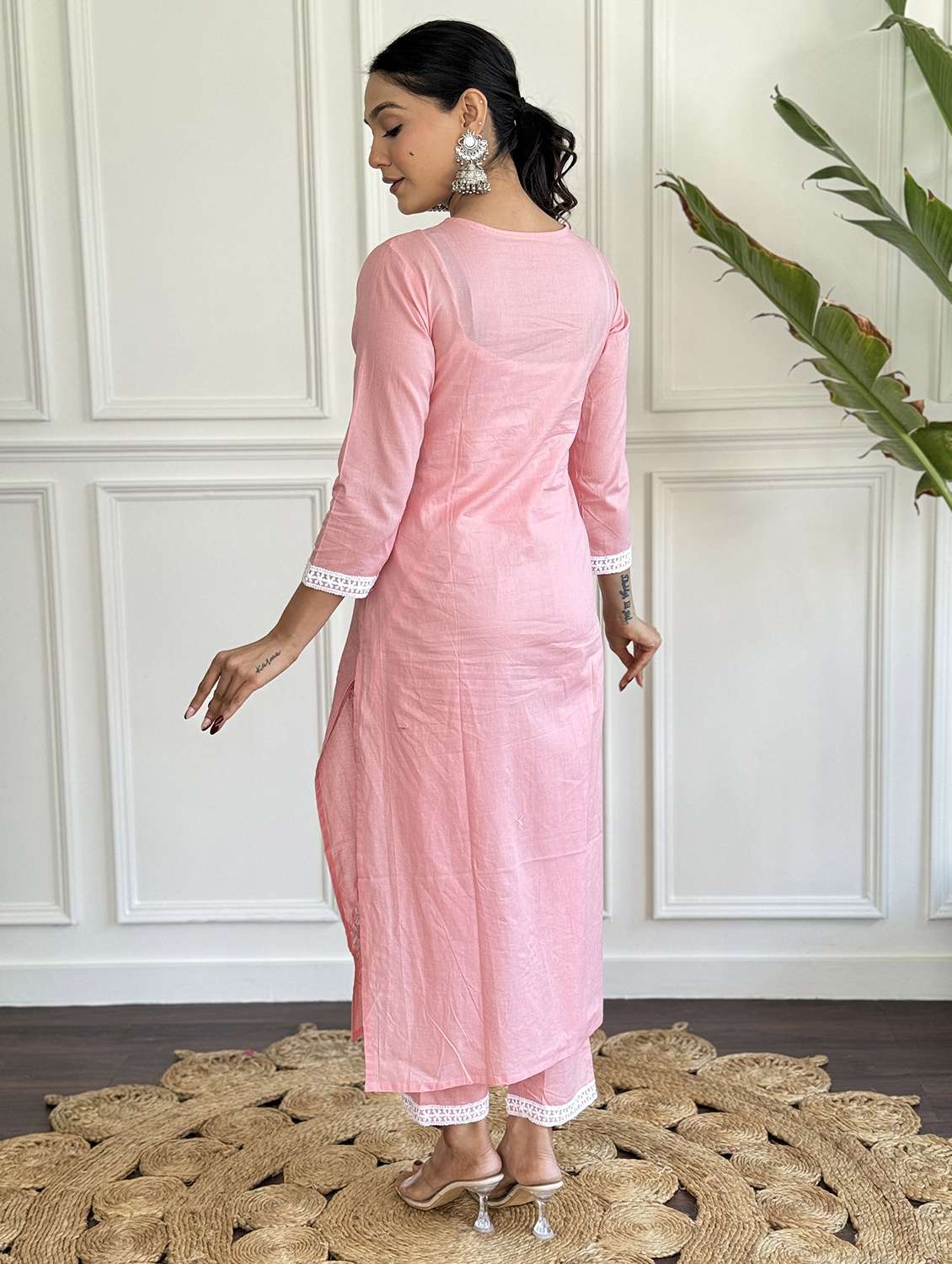 women solid with work three quarter sleeve kurta pant with dupatta set - 22393107 -  Standard Image - 3