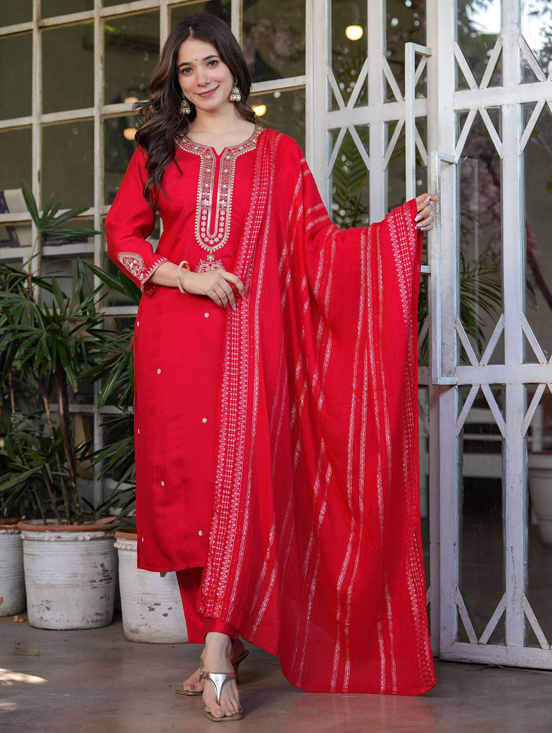 women solid with work three quarter sleeve kurta pant with dupatta set