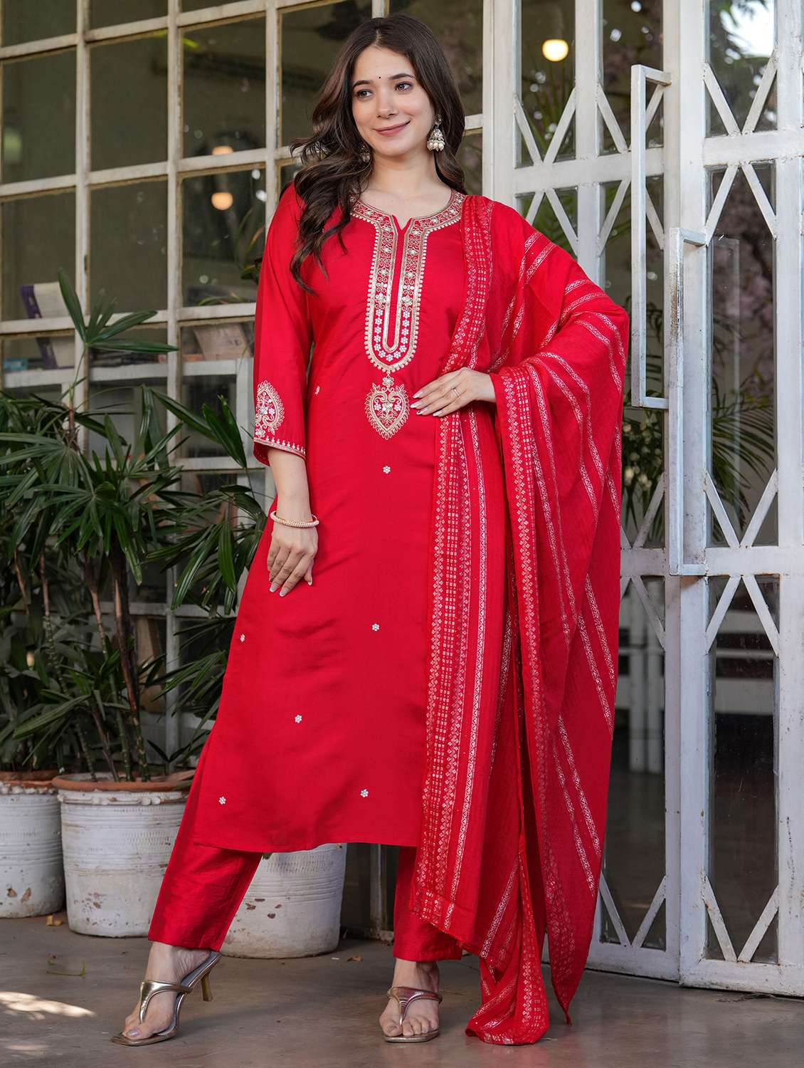 women solid with work three quarter sleeve kurta pant with dupatta set - 22393117 -  Standard Image - 3