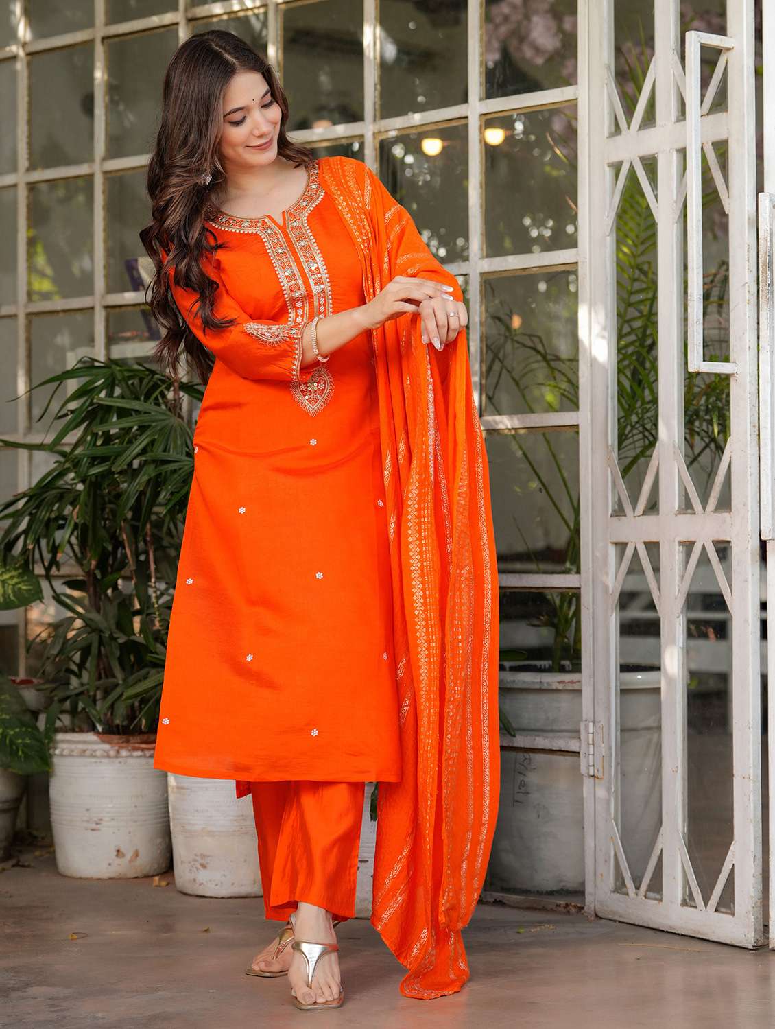 women solid with work three quarter sleeve kurta pant with dupatta set