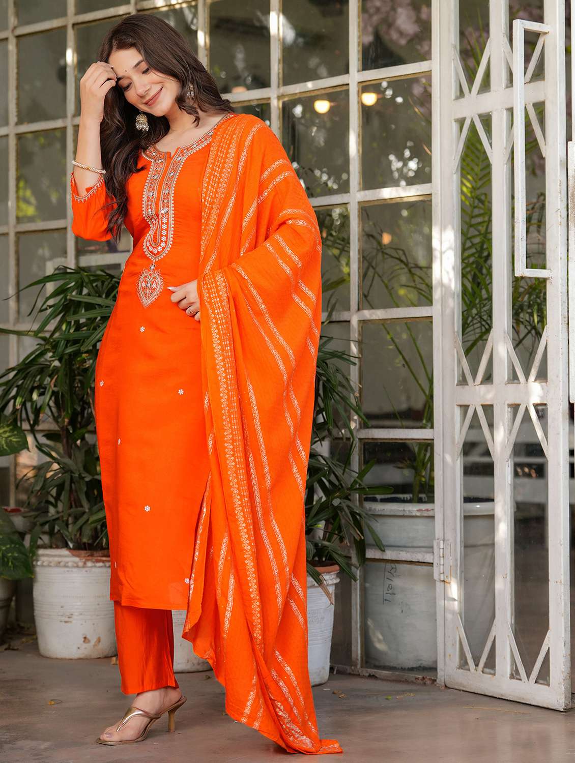 women solid with work three quarter sleeve kurta pant with dupatta set - 22393119 -  Standard Image - 3