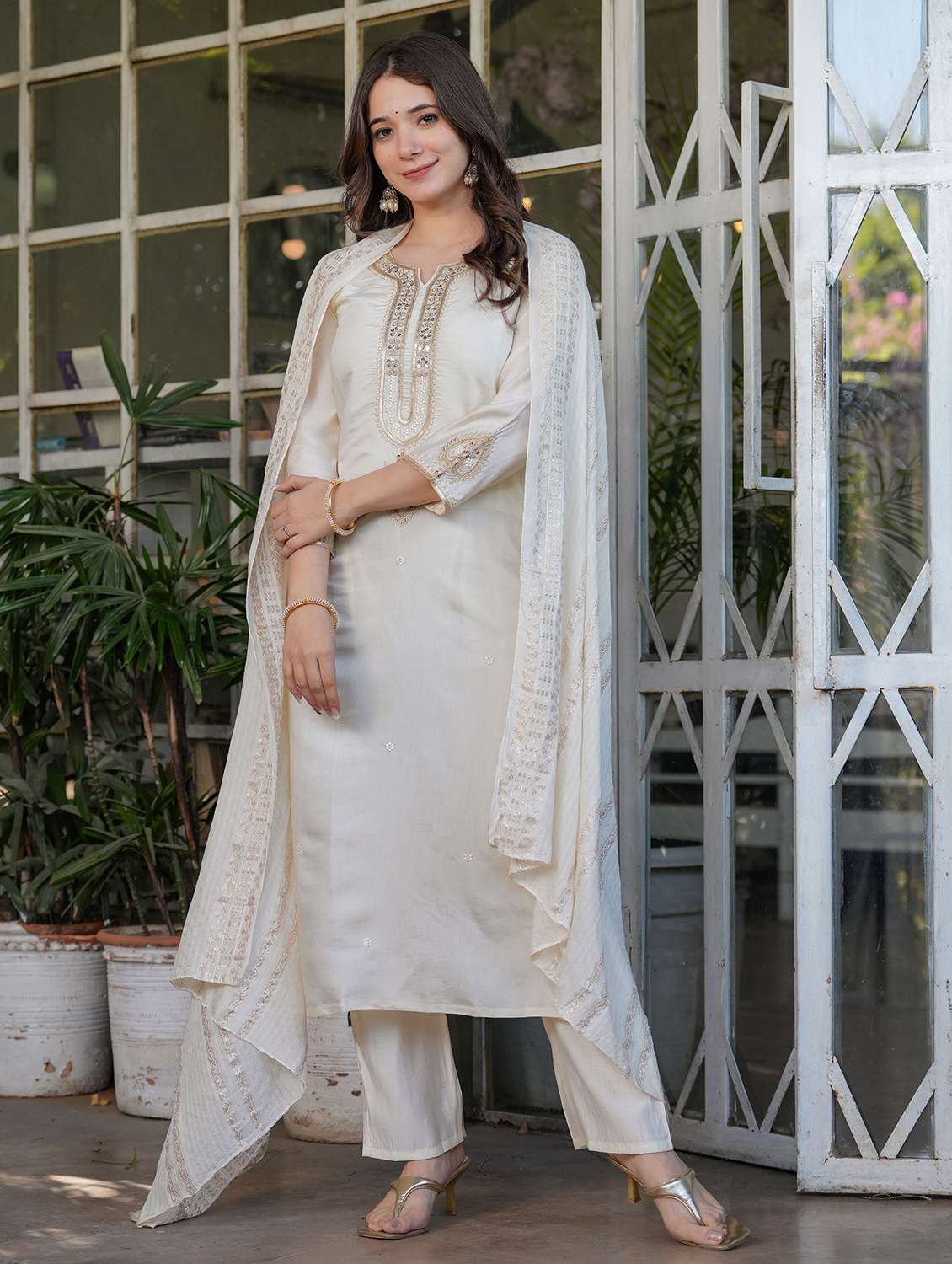 women solid with work three quarter sleeve kurta pant with dupatta set - 22393120 -  Standard Image - 3
