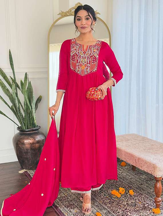 women solid with work three quarter sleeve kurta pant with dupatta set - 22393123 -  Standard Image - 3