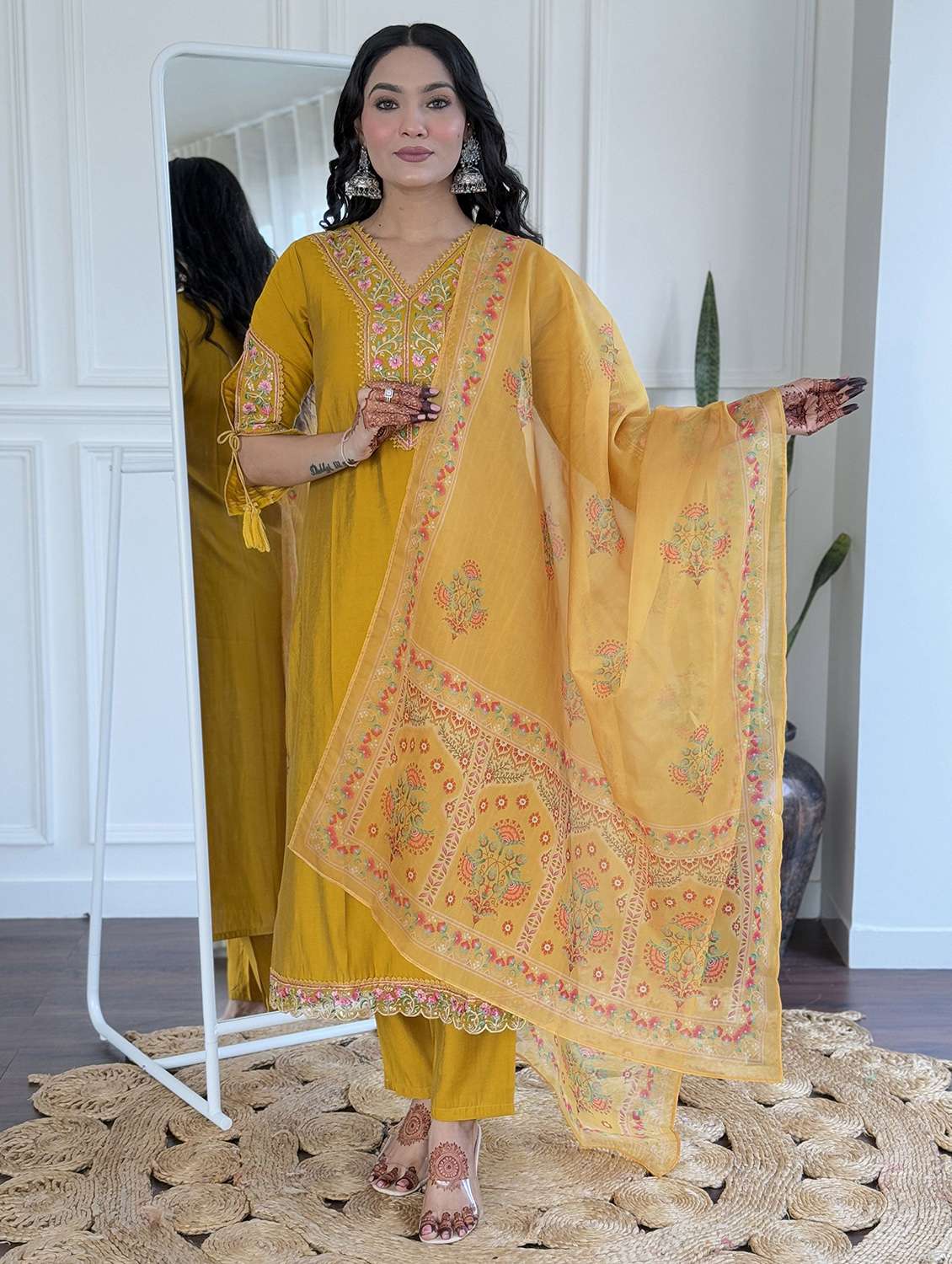 women solid with work three quarter sleeve kurta pant with dupatta set