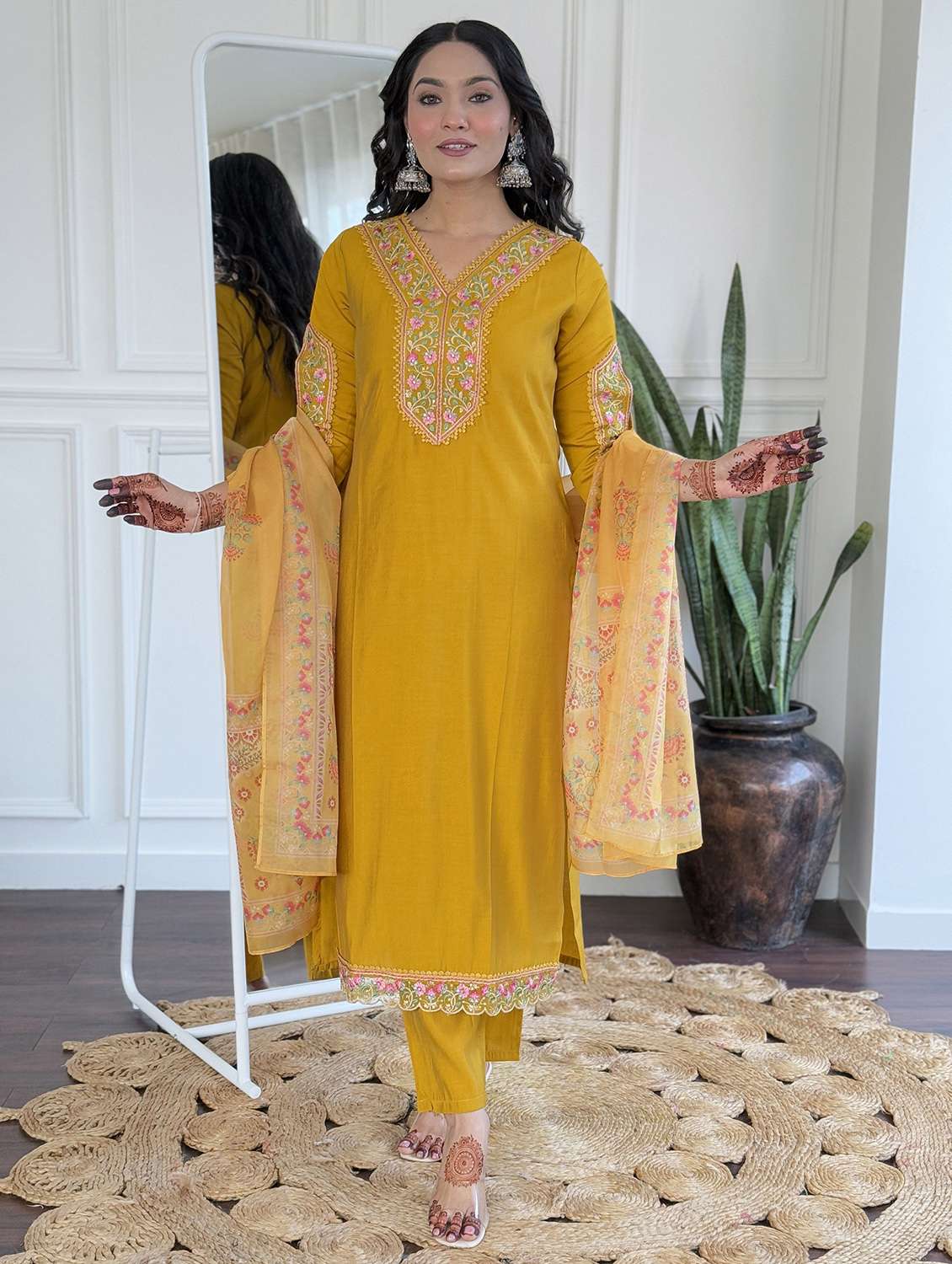 women solid with work three quarter sleeve kurta pant with dupatta set - 22393126 -  Standard Image - 3