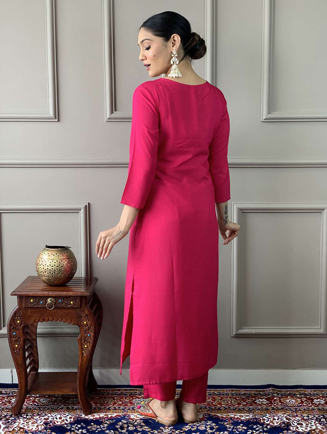 women solid with work three quarter sleeve kurta pant with dupatta set - 22393136 -  Standard Image - 3