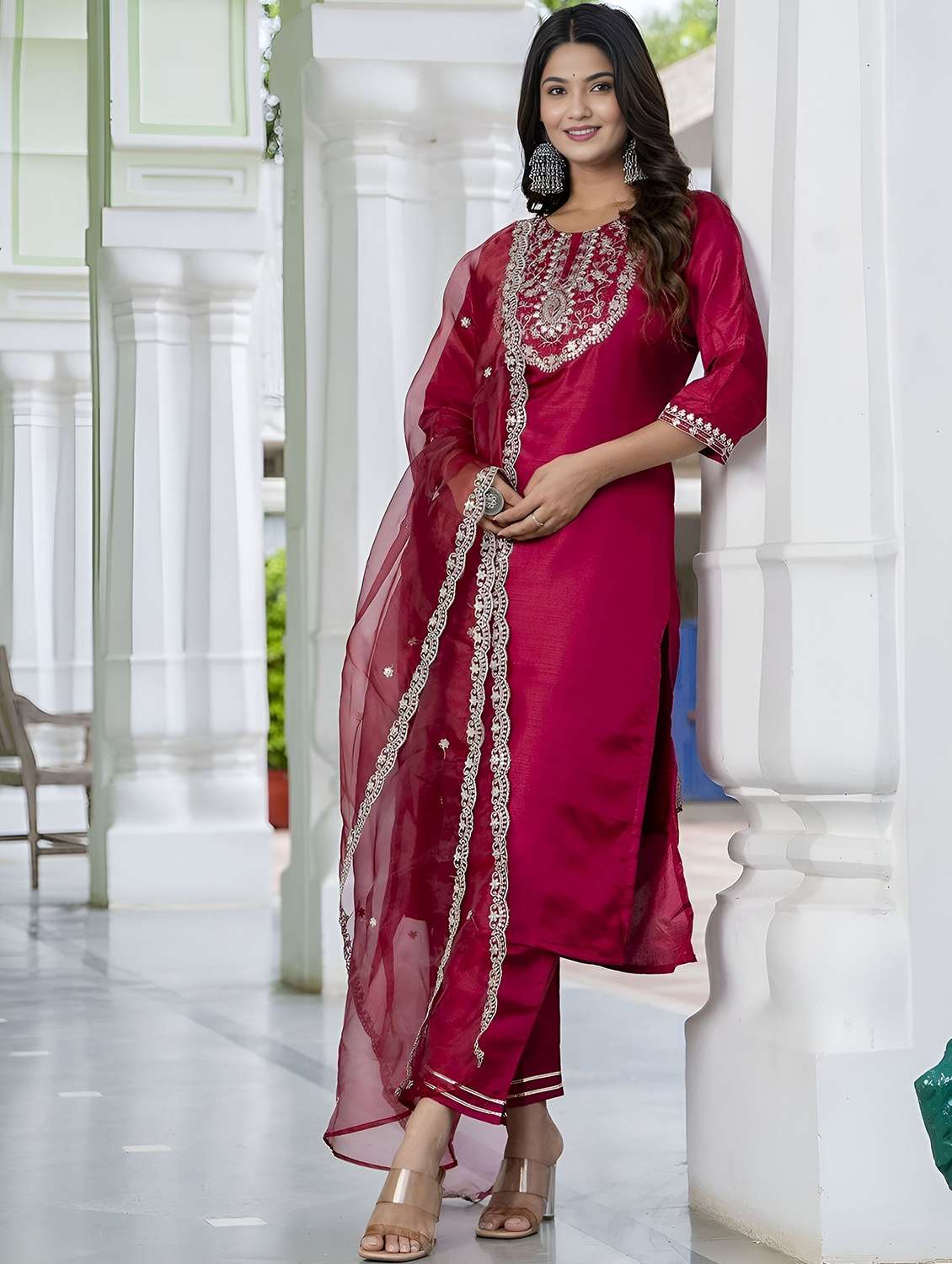 women solid with work three quarter sleeve kurta pant with dupatta set