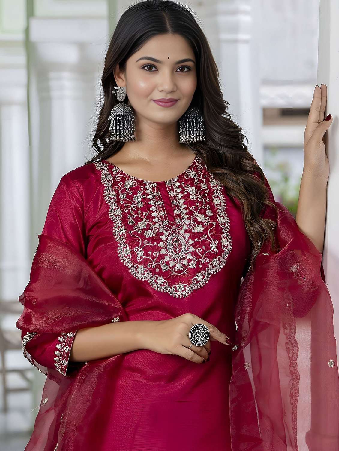 women solid with work three quarter sleeve kurta pant with dupatta set - 22393149 -  Standard Image - 3