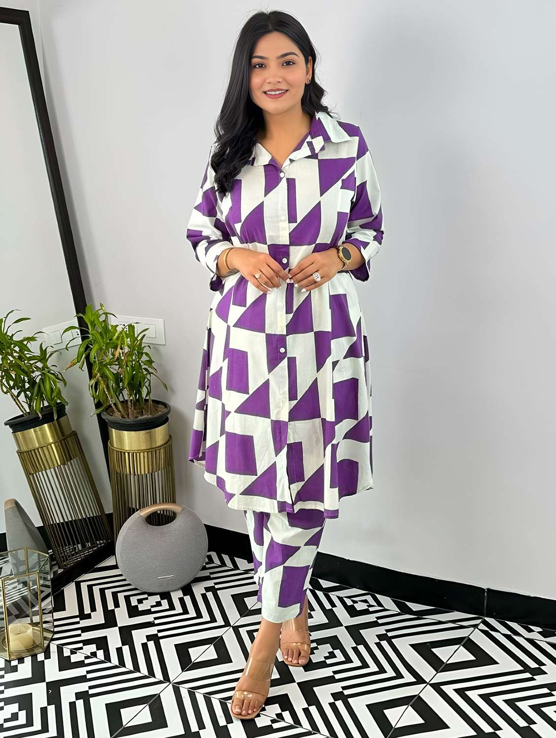 women printed three quarter sleeve ethnic co-ord set