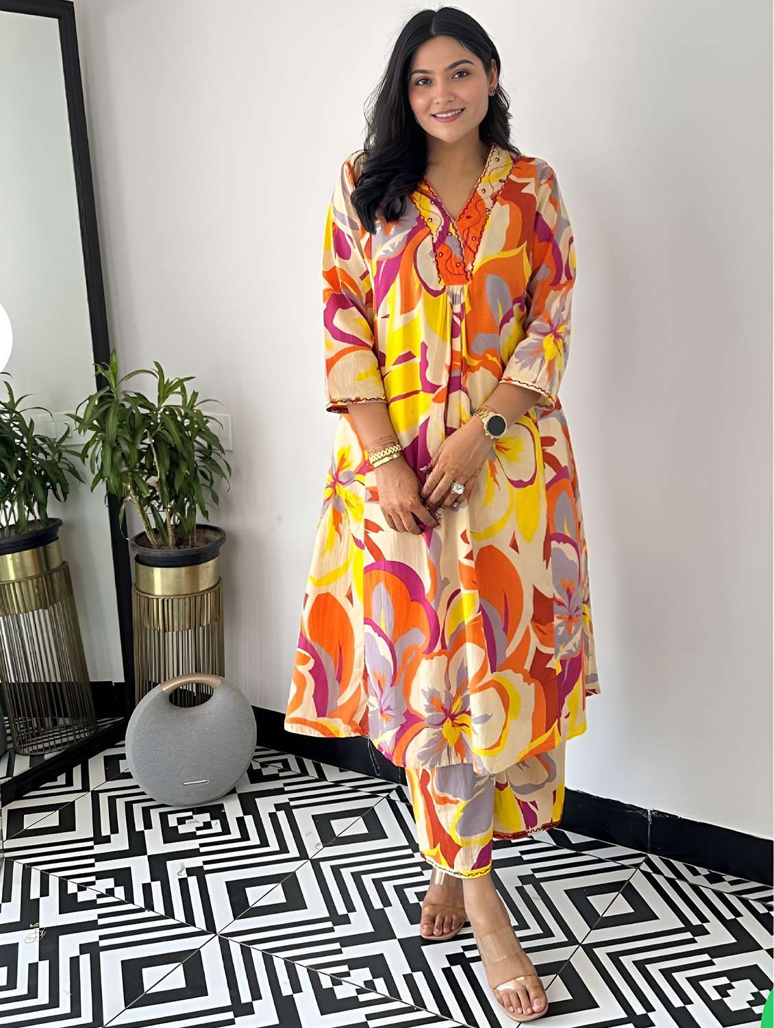 women printed three quarter sleeve ethnic co-ord set