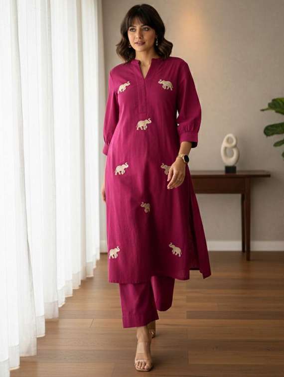 women solid with work three quarter sleeve kurta pant set - 22393185 -  Standard Image - 3