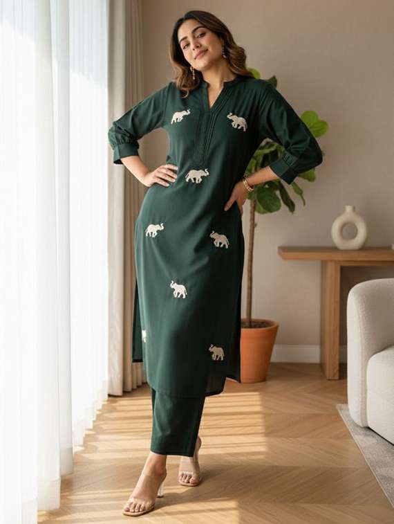 women solid with work three quarter sleeve kurta pant set