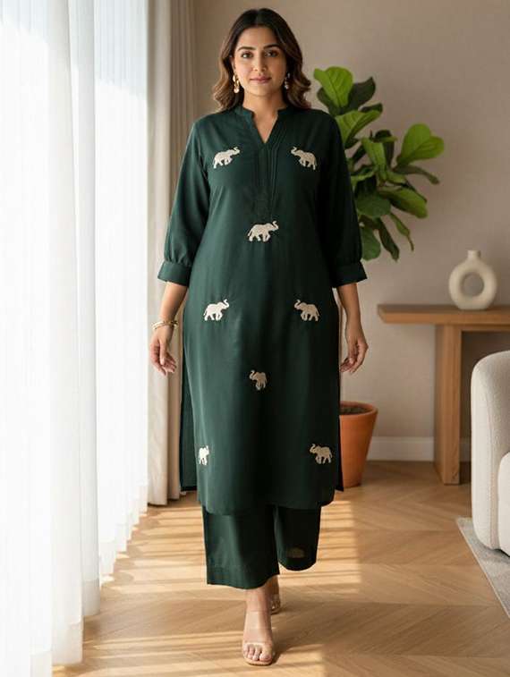 women solid with work three quarter sleeve kurta pant set - 22393189 -  Standard Image - 3