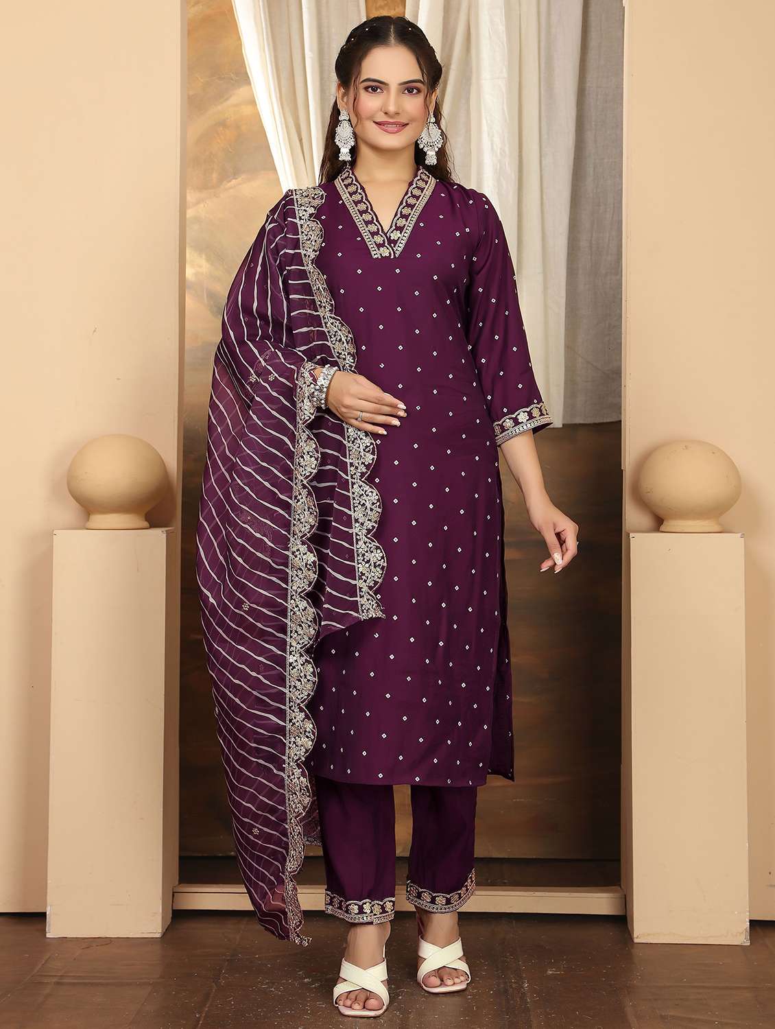 women printed three quarter sleeve kurta pant with dupatta set