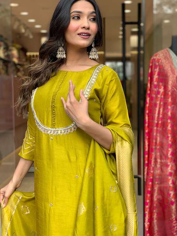 women solid with work three quarter sleeve kurta pant with dupatta set - 22393210 -  Standard Image - 3