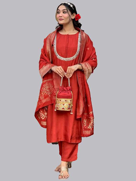 women solid with work three quarter sleeve kurta pant with dupatta set