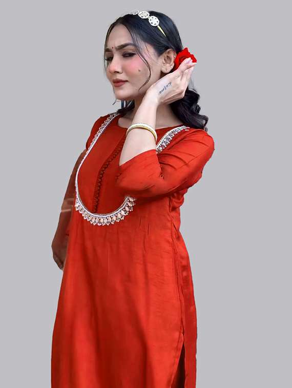 women solid with work three quarter sleeve kurta pant with dupatta set - 22393213 -  Standard Image - 3
