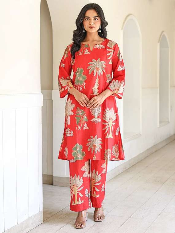 women printed three quarter sleeve ethnic co-ord set