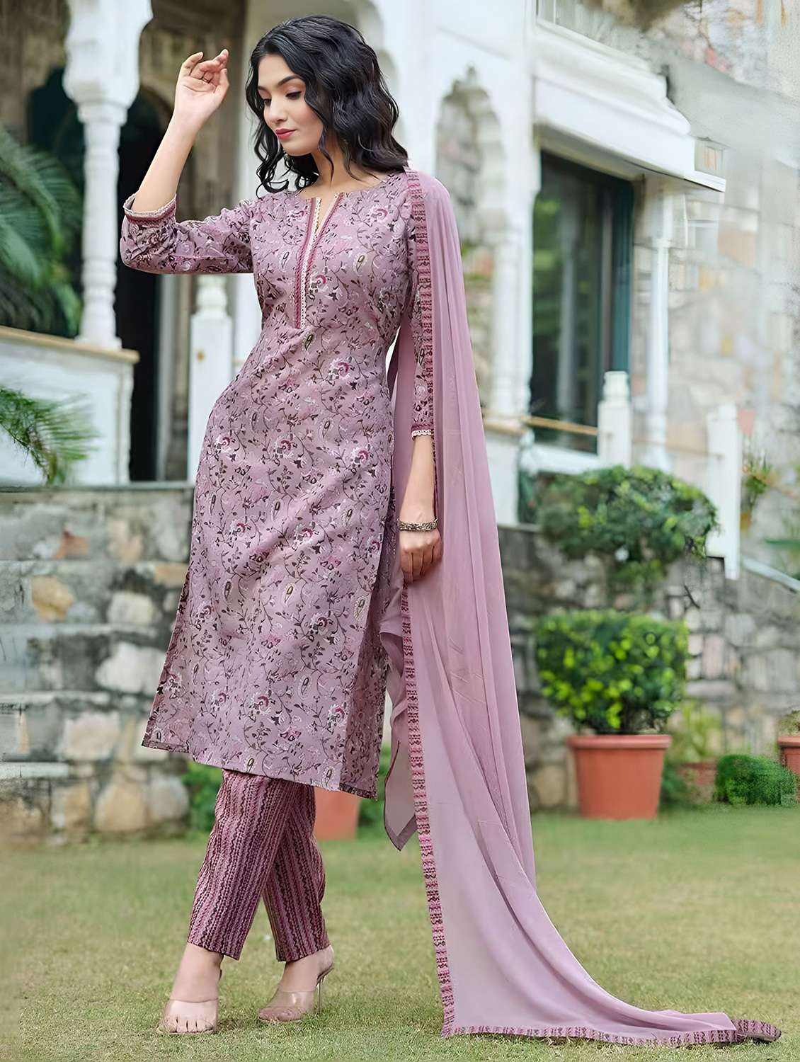women floral three quarter sleeve kurta pant with dupatta set
