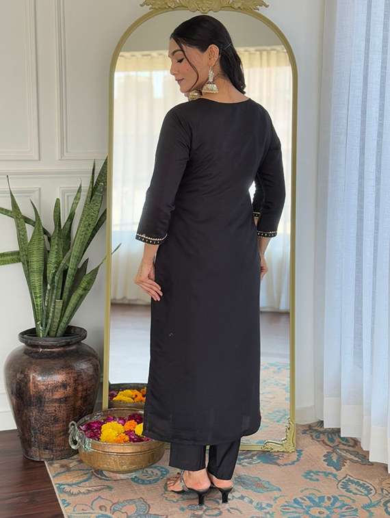 women solid with work three quarter sleeve kurta pant with dupatta set - 22393360 -  Standard Image - 3