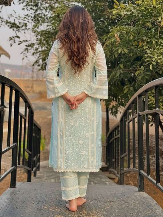 women solid with work three quarter sleeve kurta pant with dupatta set - 22393481 -  Standard Image - 3