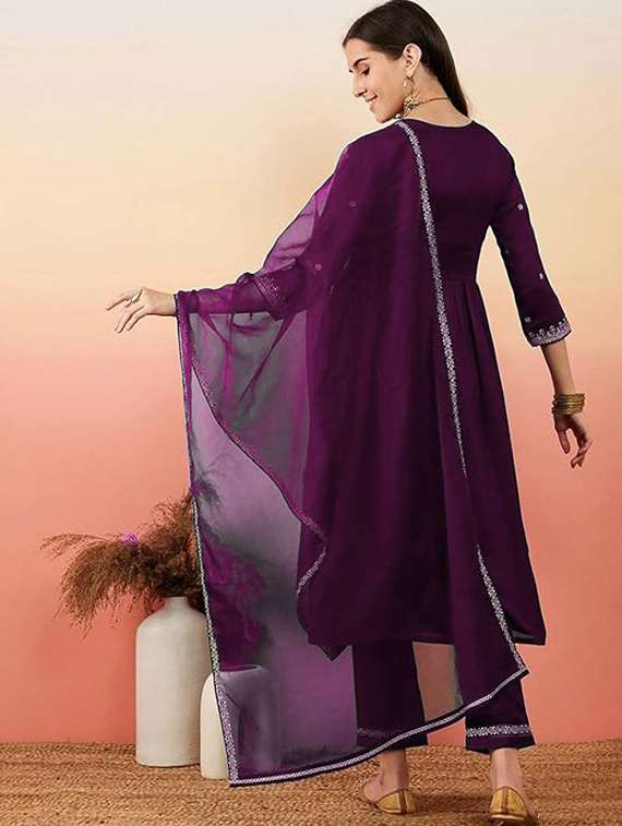 women solid with work three quarter sleeve kurta pant with dupatta set - 22393506 -  Standard Image - 3