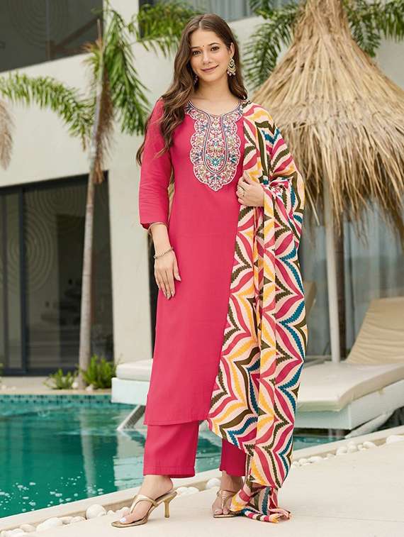 women solid with work three quarter sleeve kurta pant with dupatta set - 22393512 -  Standard Image - 3